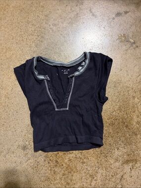 Urban Outfitters Black Ribbed V-Neck Crop Top with Gray Neckline